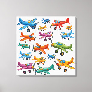 Colorful Vintage Airplanes Pattern – Retro Aviatio Canvas Print