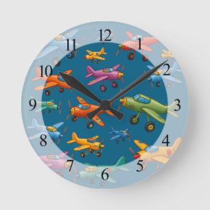 Colorful Vintage Airplanes Pattern – Retro Aviatio Round Clock