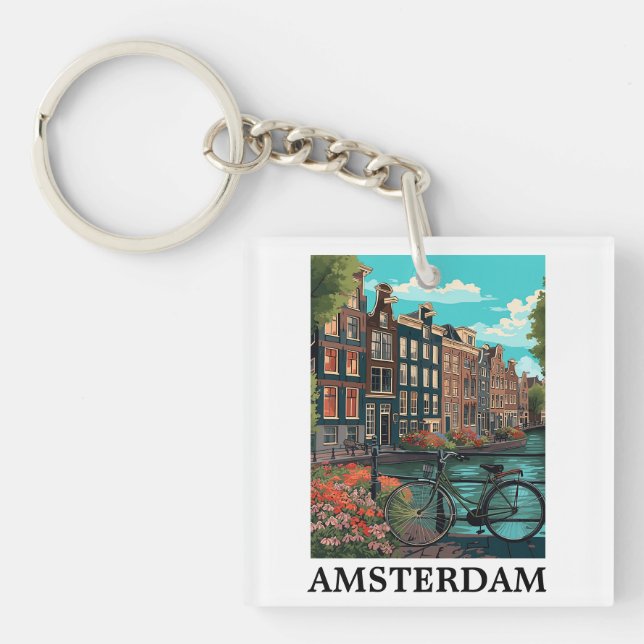 Colorful Vintage Amsterdam Netherlands Canal View Keychain (Front)