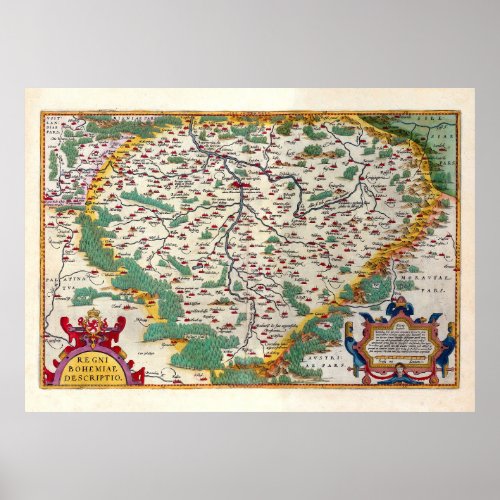 Colorful Vintage Antique Map of Bohemia Poster