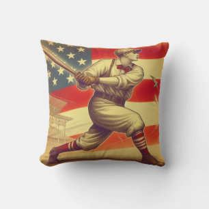 Colorful Vintage Baseball Player Swinging a Bat Throw Pillow