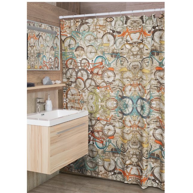 Colorful Vintage Bicycle Pattern Retro Cycling Art Shower Curtain (Creator Uploaded)