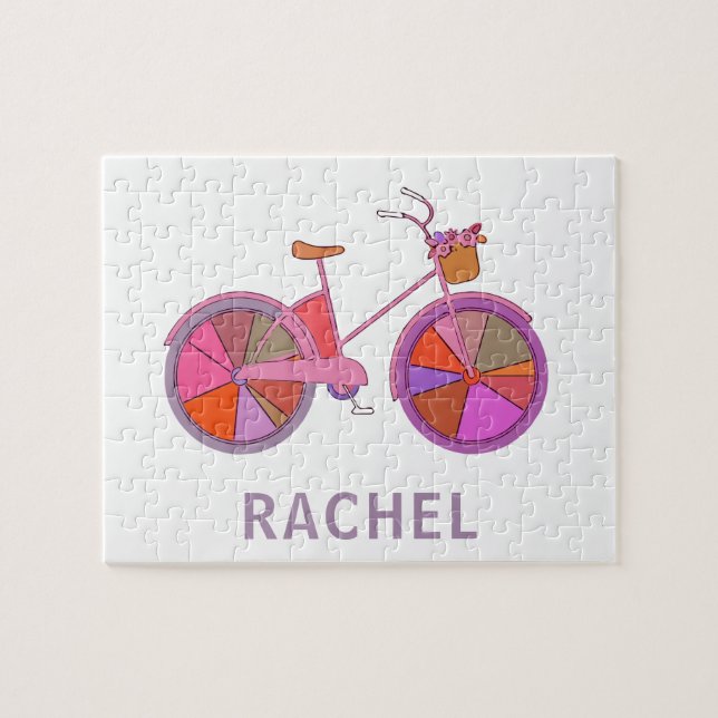 Colorful Vintage Bike Flowers Illustration Name Jigsaw Puzzle (Horizontal)