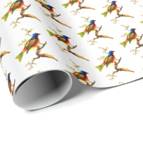 Colorful Vintage Bird Illustration Pattern Wrapping Paper