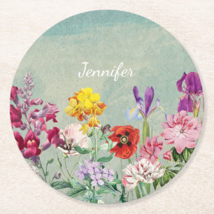 Colorful vintage blooming beautiful wildflowers round paper coaster
