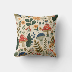 Colorful Vintage Botanical Mushroom Throw Pillow
