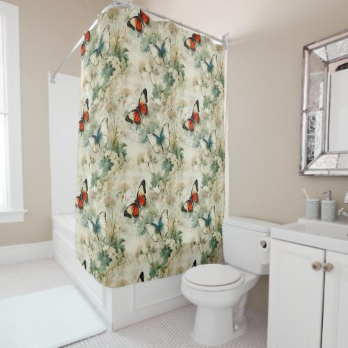 Colorful Vintage Butterflies and Flowers 2 Shower Curtain