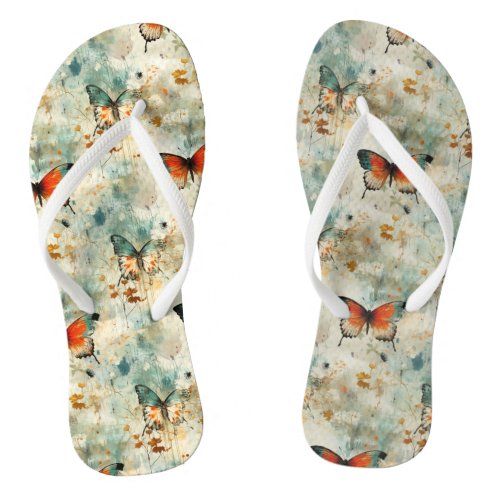 Colorful Vintage Butterflies and Flowers 4 Flip Flops