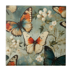 Colorful Vintage Butterflies and Flowers (5) Ceramic Tile