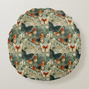 Colorful Vintage Butterflies and Flowers (5) Round Pillow