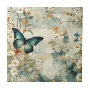 Colorful Vintage Butterflies and Flowers (6) Ceramic Tile