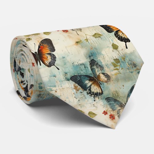 Colorful Vintage Butterflies and Flowers 7 Neck Tie