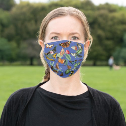 Colorful Vintage Butterflies on Med Blue Adult Cloth Face Mask