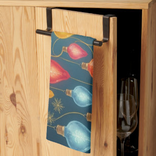 Colorful, vintage Christmas lights decor Kitchen Towel