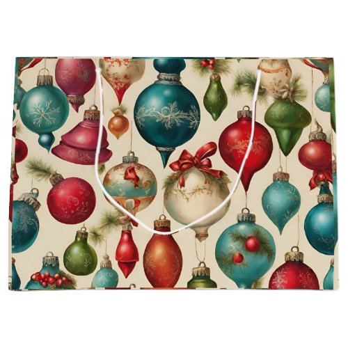 Colorful Vintage Christmas Ornaments  Large Gift Bag