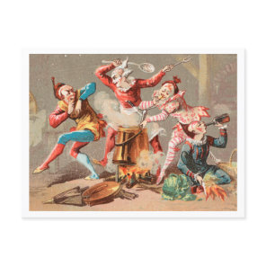 Colorful vintage clowns clowning around, 1940s postcard