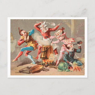 Colorful vintage clowns clowning around, 1940s postcard
