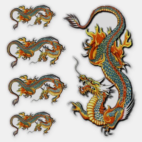 Colorful Vintage Fantasy Fire Dragon Tattoo Art Sticker