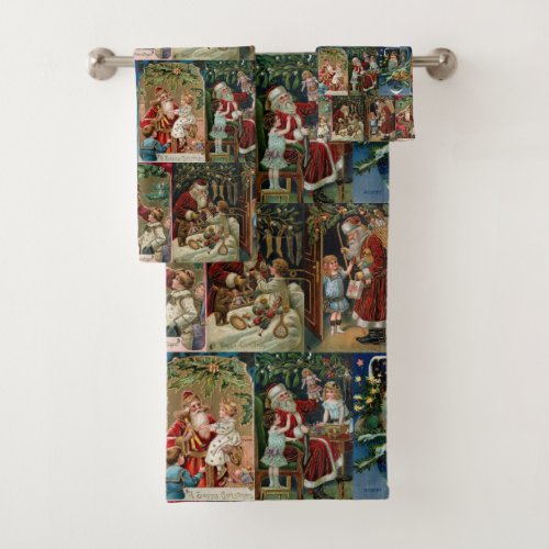 Colorful Vintage Father Christmas Collage Bath Towel Set