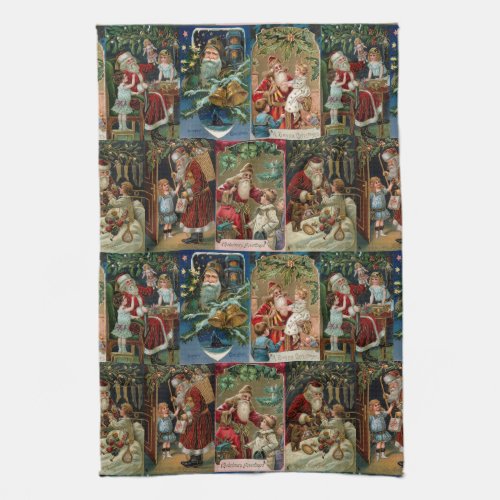 Colorful Vintage Father Christmas Collage Kitchen Towel