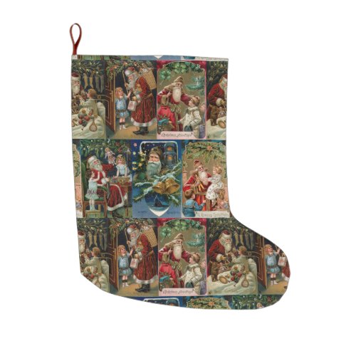 Colorful Vintage Father Christmas Collage Large Christmas Stocking