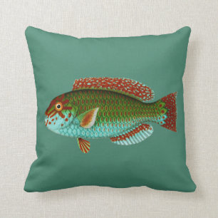Colorful Vintage Fish Typographic art Throw Pillow
