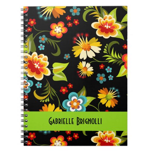 Colorful Vintage Flora Design Black Background Notebook