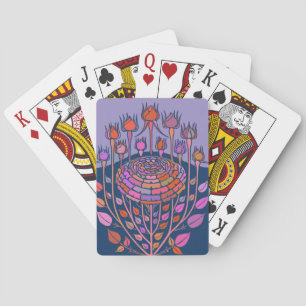 Colorful Vintage Floral Art in Purple and Blue Poker Cards