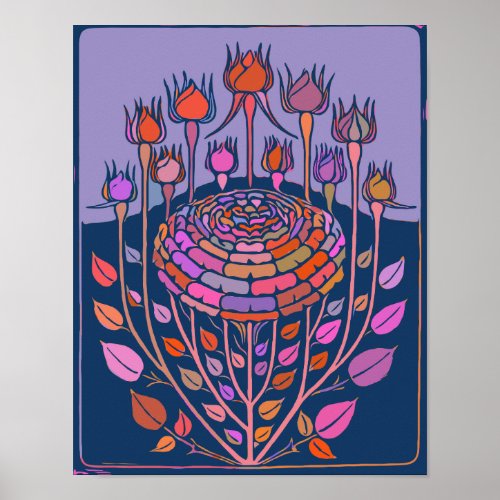 Colorful Vintage Floral Art in Purple and Blue Poster