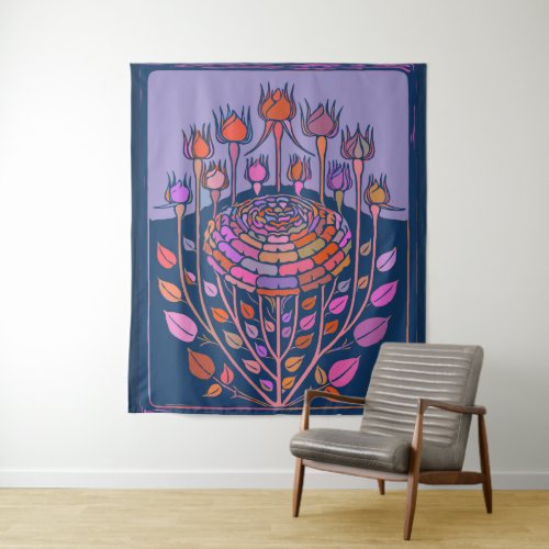 Colorful Vintage Floral Art in Purple and Blue Tapestry