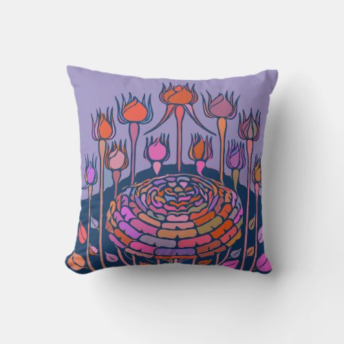 Colorful Vintage Floral Art in Purple and Blue Throw Pillow