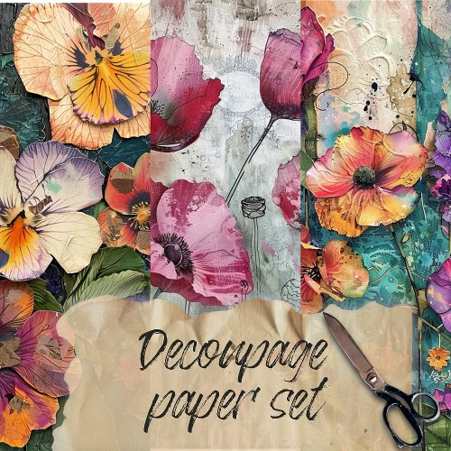 Colorful Vintage Floral Decoupage Rustic Texture Wrapping Paper Sheets