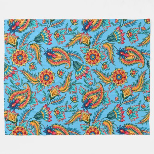 Colorful Vintage Floral Paisley On Blue Fleece Blanket