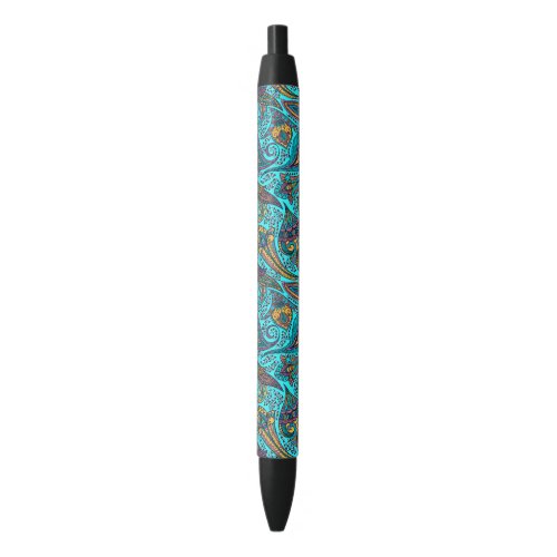 Colorful vintage floral paisley turquoise back black ink pen