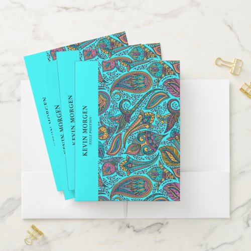 Colorful vintage floral paisley turquoise back pocket folder