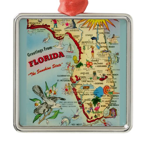 Colorful Vintage Florida Map Metal Ornament