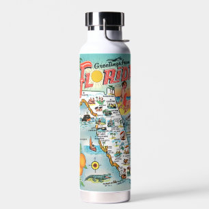 Colorful Vintage Florida Postcard Map Water Bottle