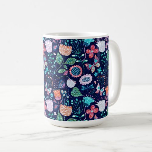 Colorful vintage flowers and butterflies pattern coffee mug