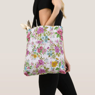 Colorful vintage flowers pattern tote bag