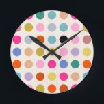 Colorful Vintage Geometric Dots Round Clock<br><div class="desc">Colorful vintage geometric dots - retro design - cream white background and colorful dots in pink,  yellow,  green,  blue and orange.</div>