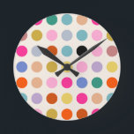Colorful Vintage Geometric Dots Round Clock<br><div class="desc">Colorful vintage geometric dots - retro design - cream white background and colorful dots in pink,  yellow,  green,  blue and orange.</div>