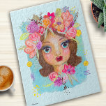 Colorful Vintage Girl Cute Whimsical Art Add Name Jigsaw Puzzle<br><div class="desc">You can find the whimsical art of Malissa Melrose exclusively on Zazzle! This cute, colorful design was created using my original hand painted girl inspired by the vintage swap cards of the 60's and 70's with a beautiful boho floral element along with lots of fun doodles on a soft aqua...</div>