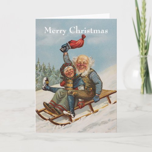 Colorful vintage gnames on a sleigh card