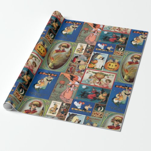 Colorful Vintage Halloween Card Collage Wrapping Paper