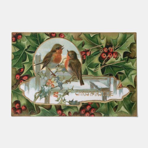 Colorful Vintage Holly Robins and Greeting Doormat