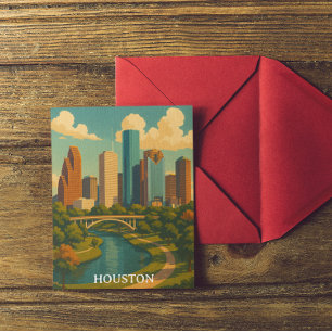 Colorful Vintage Houston Texas Skyline Postcard