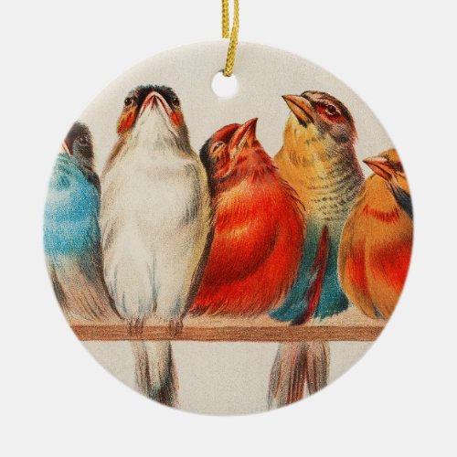 Colorful vintage illustration of five little birds ceramic ornament
