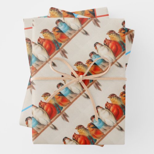 Colorful vintage illustration of five little birds wrapping paper sheets