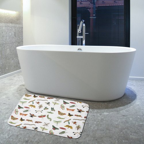 Colorful Vintage Insect Illustration Pattern Bath Mat