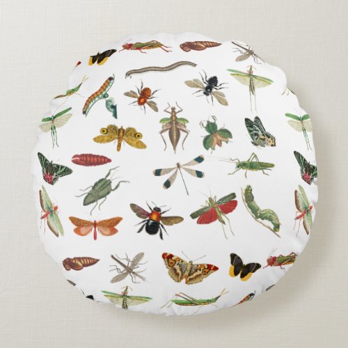 Colorful Vintage Insect Illustration Pattern Round Pillow